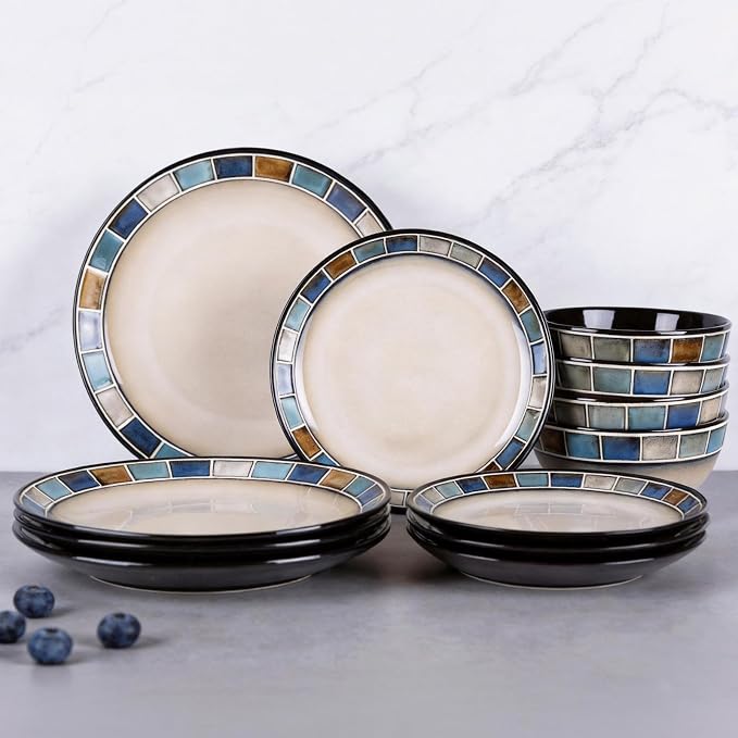 12 Piece Stoneware Dinnerware Set for 4, Vintage Blue & White with Square Rim Handmade Ceramic Plates and Bowls, Scratch Resistant Dish Set, Microwave & Dishwasher Safe Porcelain Kitchen Dishes