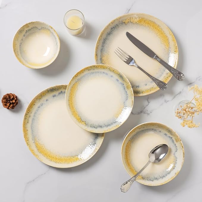 DOMICREVERY Ceramic Dinnerware Sets for 4, 16 pcs Plates and Bowls Sets, Lemon Sea