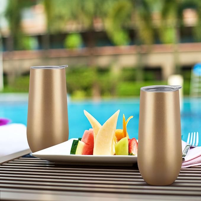Lifecapido 2 Pack Stemless Champagne Tumblers, 12oz Insulated Champagne Flutes with Lid, Insulated Champagne Glass, Champagne Flute Tumbler, Great Gift for Birthday Party Wedding Christmas (Gold)…