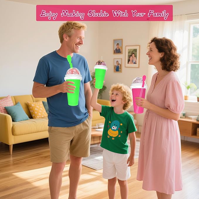 2PCS Slushie Maker Cup, Quick Frozen Magic Cups for Homemade Milk Shake Ice Cream Maker, Double Layer Squeeze Slushy Maker Cup, Birthday Gifts for Mother Father,Kids,Friends,Family (Pink+Green, 350ML)