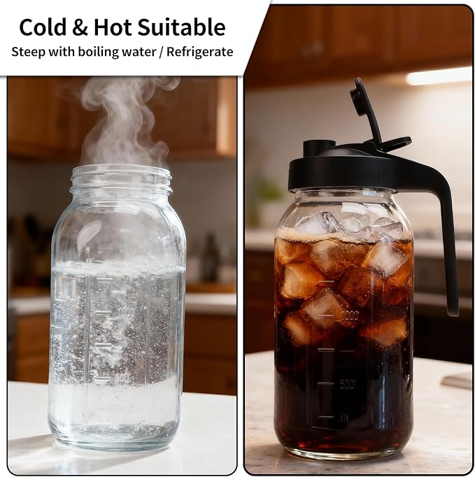 Messbecher aus Glas – Kaffeekanne mit Filter – Saftflasche mit Griff – Getränkeflasche