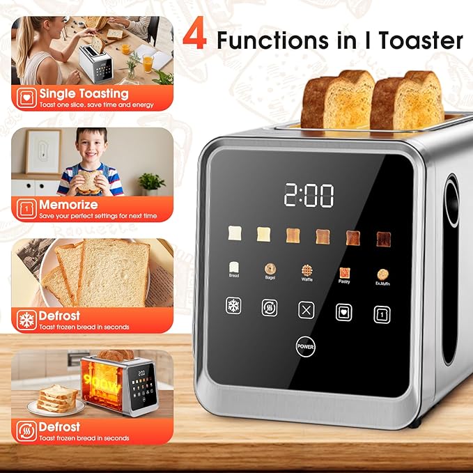 Toaster 2 Slice with Touchscreen, 1.5" Wide Slots & Memory Recall | 900W Stainless Steel Smart Digital Toasters | 6 Shade Settings for Bagels & Thick Bread | Defrost Reheat Single-Slice Mode