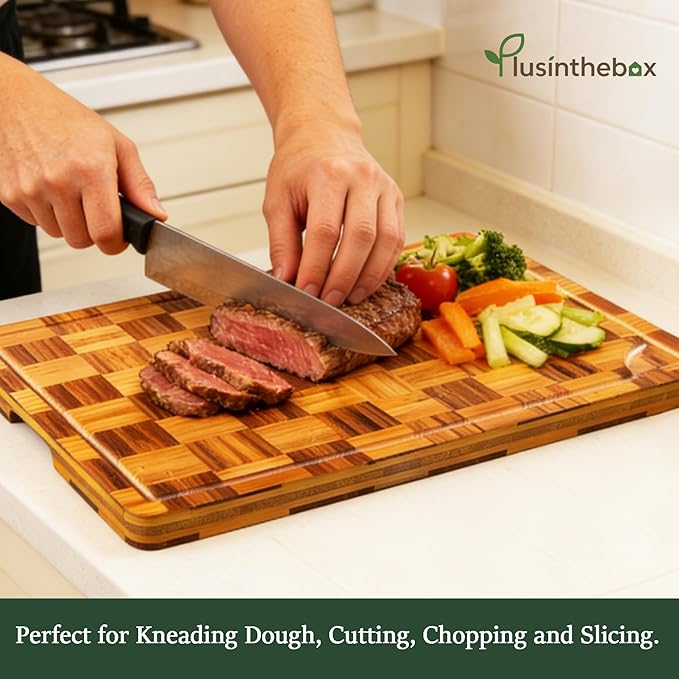 XL Bamboo Cutting Board for Kitchen Extra Large End Grain Wood Checkered Chopping Board with Deeper Juice Grooves Carbonized Wooden Butcher Block for Kneading Dough, Meat, Cheese & Charcuterie