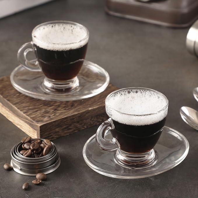 Espresso Cups with Saucers and Spoons Set of 6, Glass Demitasse Cups for Cappuccino Latte Café Mocha Tea and More Beverage, 3.2OZ/95ML, Clear