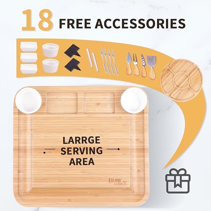 Bamboo Charcuterie Board Gift Set | Large Cheese Board with Hidden Drawers, Knives & Bowls | Perfect Housewarming, Wedding for Couples and Hosts