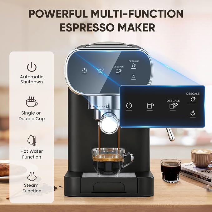 Horavie 20 Bar Espresso Machine with Milk Frother, Espresso Coffee Maker with Touchscreen, Fast Heat-Up Coffee Machine with 48oz Removable Tank for Cappuccino, Latte, Home, Office, Black