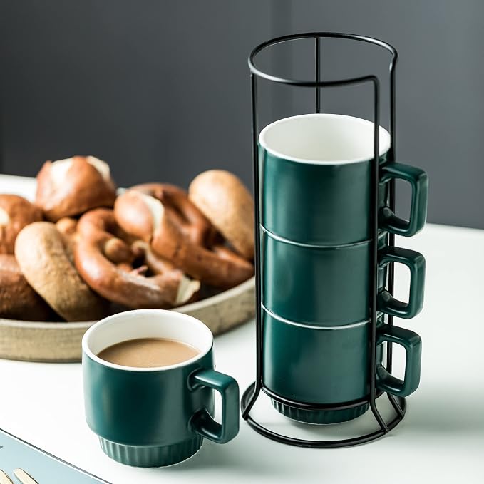 Miamolo Stackable Coffee Mugs Set of 4 with Holder Spoons 11oz Ceramic Cappuccino Cups for Espresso Latte Tea Drinks, Father's Day,Dishwasher & Microwave Safe, Green