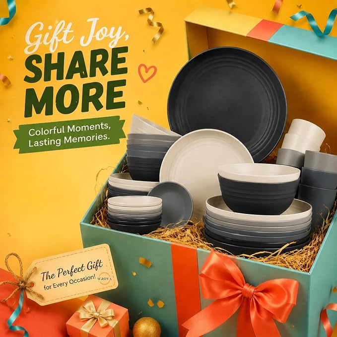 Wrova 40-Piece Kitchen Plates and Bowls Sets- Wheat Straw Dinnerware Sets for 8- Unbreakable Plates Bowls and Cups Set, Side Dishes- Microwave & Dishwasher Safe Dishware Sets - Black & Gray
