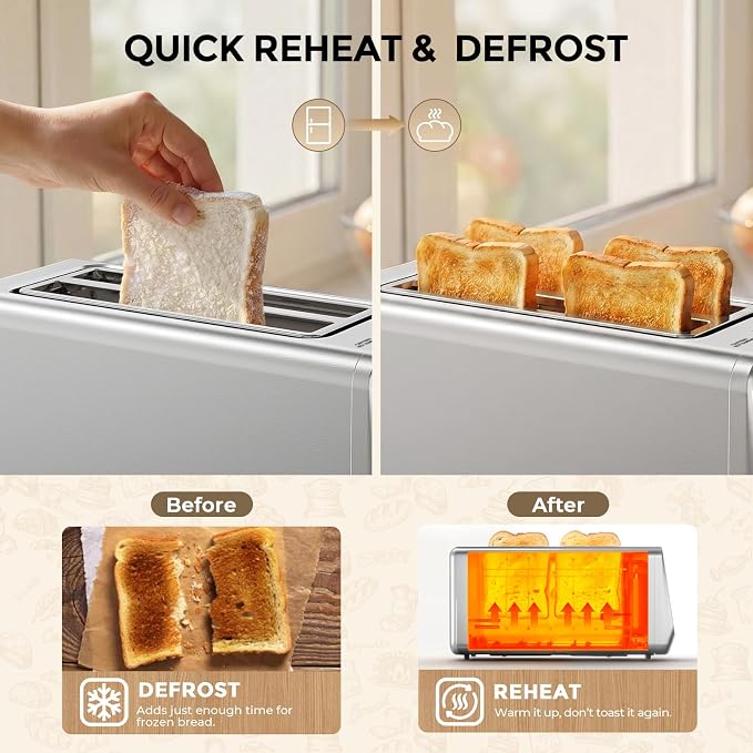 Long Slot Toaster 4 Slice with Touchscreen, 1400W Stainless Steel 2-Slot Smart Appliance Extra Wide 1.5 Inch, Single Mode BreadID Tech Timer for Bagel Waffle