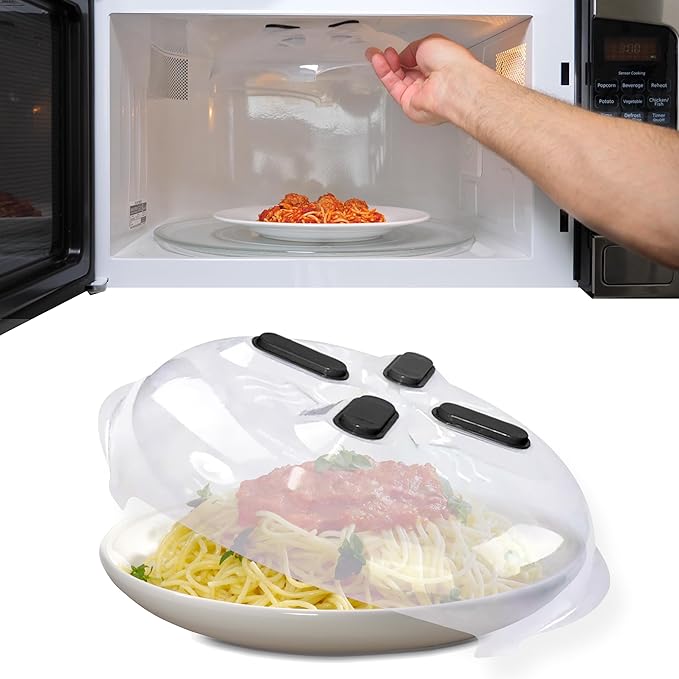 HOVER COVER 2 Pack Magnetic Splatter Cover, 12-Inch Clear BPA-Free Food Lid, Vented Plate Guard with Steam Vents, Anti-Splash Microwave Lid, Dishwasher Safe, Space-Saving Magnetic Storage - Black