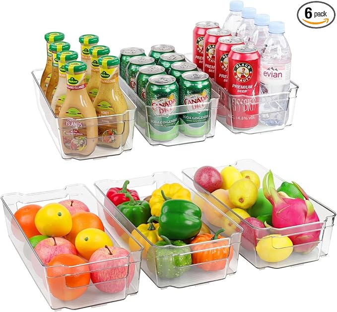 6-Piece Clear Plastic Storage Bin Set with Handles - Large (14.5"x7"x3.5") & Medium (12.4"x6.2"x3.5") Stackable Organizers, BPA-Free for Kitchen Pantry Fridge