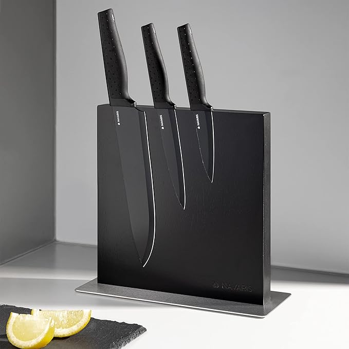 Navaris Magnetic Knife Block - Kitchen Storage with Strong Magnets for Knives & Utensils - Simple, Modern Utensil Holder in Black Rubberwood - 8.9" x 8.7"