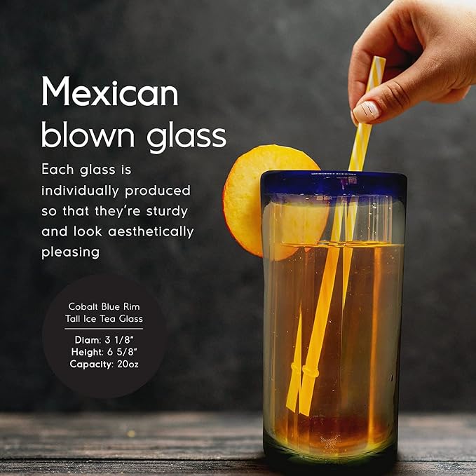Cobalt Blue Rim 20 oz Tall Iced Tea Glasses (set of 6), Recycled Glass, Lead-free, Toxin-Free (Iced Tea)