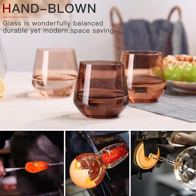 Stemless Wine Glasses Set 6【Hand Blown Colored Wine Glasses Stemless】 15oz Venus Colored Glassware for Wine or Soft Drinks,Unique Wine Gifts for Wedding,Anniversary