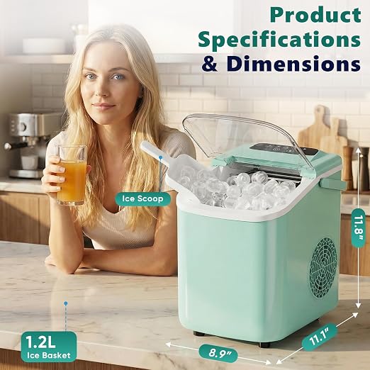 OLIXIS Countertop Ice Maker with Self-Cleaning, Portable Ice Maker Machine with Ice Scoop, 26Lbs/24H, 9 Cubes in 6 Mins, 2 Sizes of Bullet Ice for Home, Kitchen, Office
