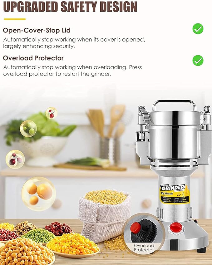 CGOLDENWALL Safety Upgraded Electric Grain Grinder Mill High-speed Dry Spice Herb Mill Grinding Machine with 2400W Commercial Motor Overload Protection CE 110V (700g Hand-held Type)
