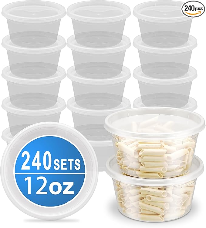 240 Sets 12oz Deli Food Storage Containers, Plastic Takeout Deli Cups for Meal Prep Leftover, Reusable Round Soup Containers with Lids, BPA Free, Stackable, Leakproof, Microwave and Freezer Safe