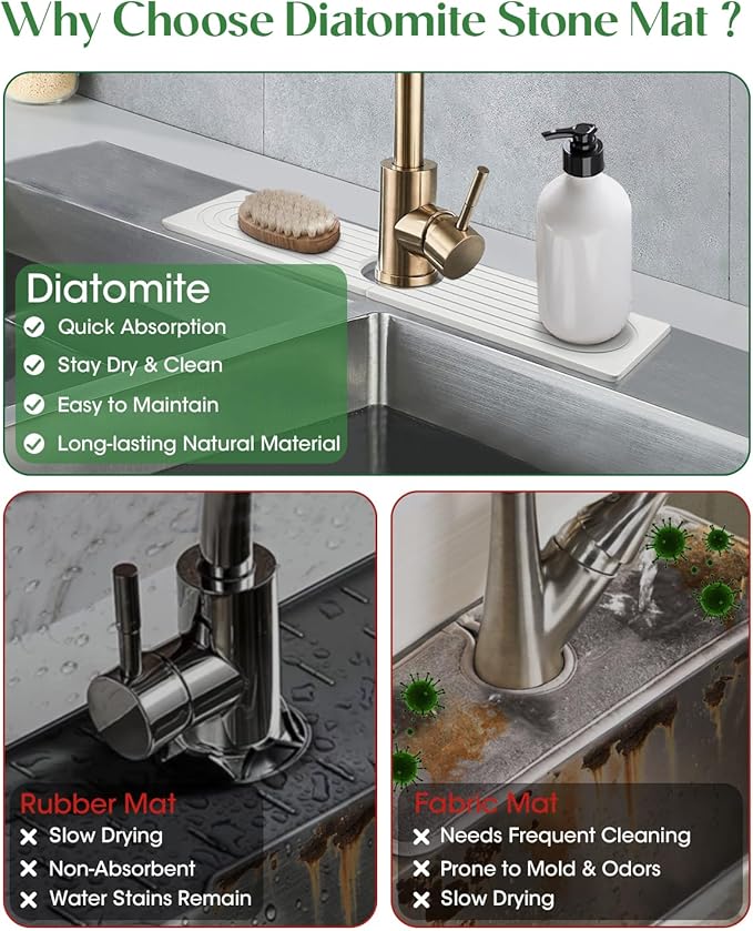 Stone Drying Mat for Kitchen Faucet: Diatomite Stone Drying Tray - Fast Water Absorbent Kitchen Sink Splash Guard for Bathroom Faucet & Counter - Ideal for Moms & Housewife (White, 15.75" x 3.94")