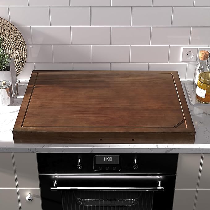 Wooden Stove Top Covers for Gas Burner and Electric Stove, Glass Cooktop Protector, Wood Noodle Board Stovetop Cover With Handles, Walnut