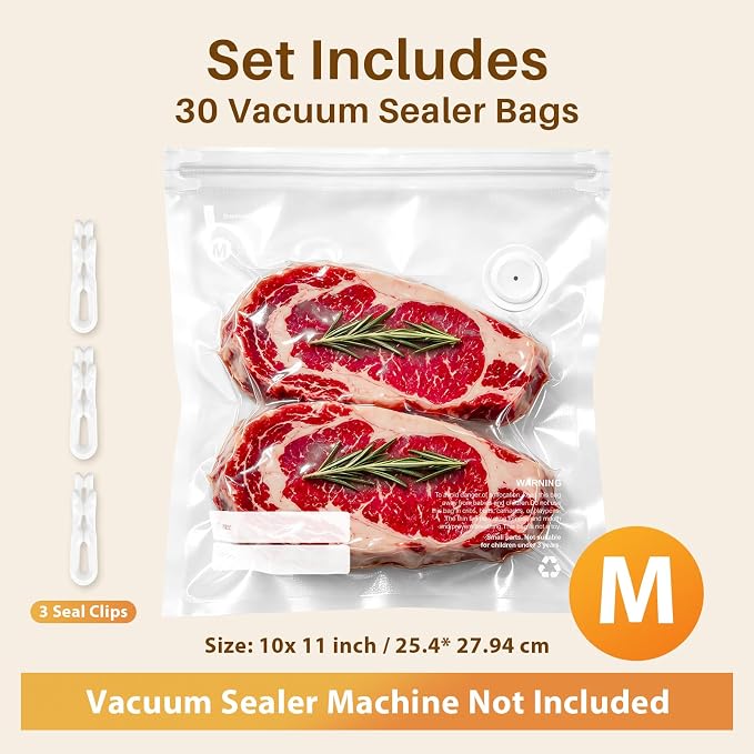 Reusable Vacuum Sealer Bags for Food – 30 BPA-Free Medium (10 × 11in) with Food Storage Bags, Freezer Microwave Safe – Odor Resistant, Leak-Proof – Compatible with Compact Vacuum Sealer