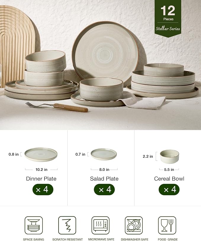 Famiware Stellar Stoneware Dinnerware Set, 12-Piece, Double Reactive Glaze, Plates and Bowls, Service for 4, Microwave and Dishwasher Safe, Scratch-Resistant, Matcha Green