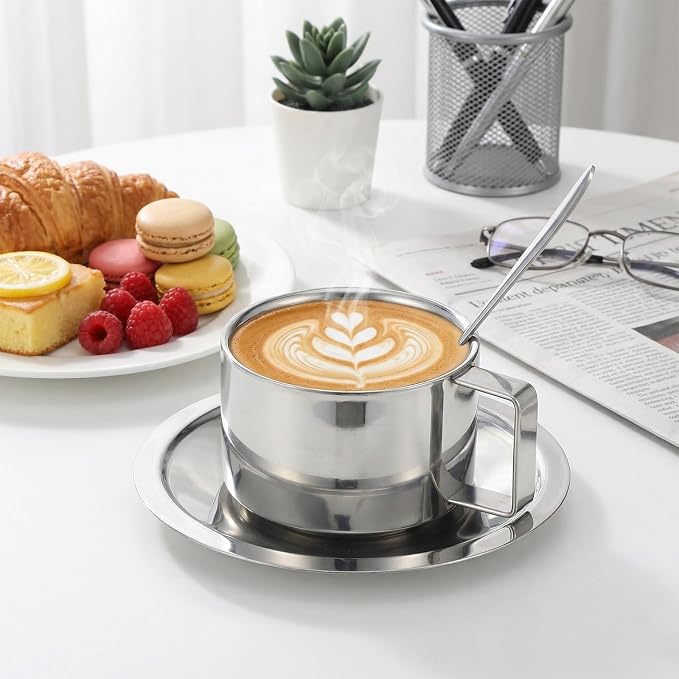 4 Pack Stainless Steel Coffee Mug Set, 6.8 Oz Espresso Cup with Saucer and Spoon, Double Walled Insulated Stainless Steel Coffee Cup for Latte, Cappuccino, Milk, Tea, Silver