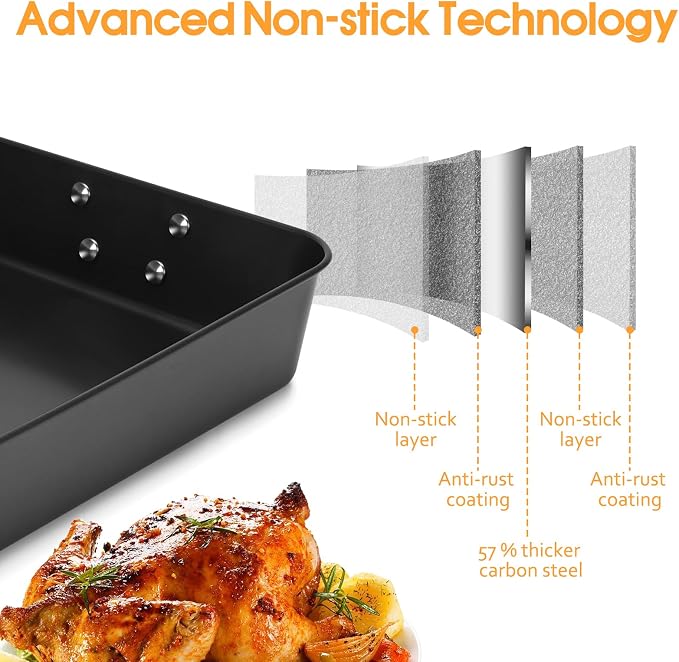 Lasagna Pan 3 Inch Deep, 2 Pcs 13.7"16" Baking Pan for Oven, Roasting Pans with Handles, Nonstick Rectangle Cake Pans, Heavy Duty, Dishwasher Safe, Dark Grey