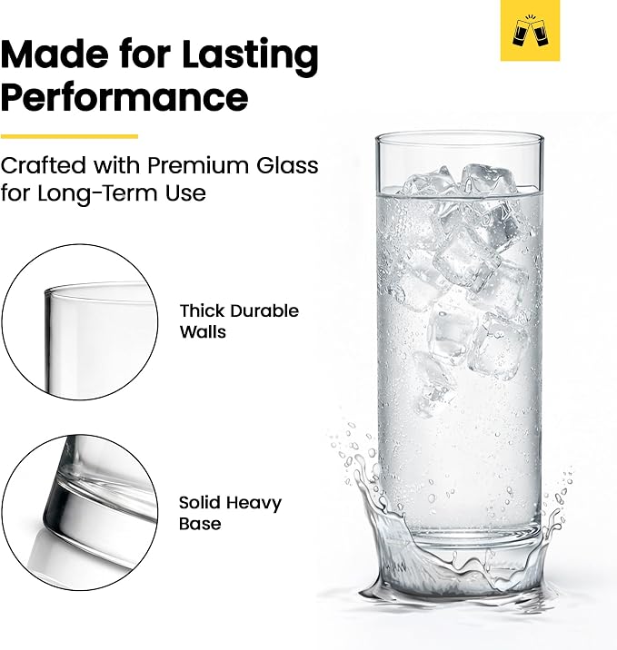 LEMONSODA Premium Highball Glass Set | Tom Collins Glasses 12oz Set of 6 | Lead-Free Glass with Heavy Base | Dishwasher Safe Cocktail Glasses for Mojito Whiskey Iced Tea | Modern Durable Bar Glassware