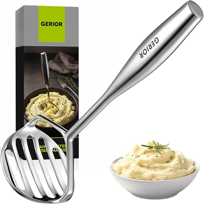Heavy Duty Stainless Steel Potato Masher - Solid Cast 304 Stainless Steel - Mirror Polished, Professional Ergonomic Hand Masher for Potatoes, Sweet Potatoes, Avocado, Beans, Meat & Baby Food