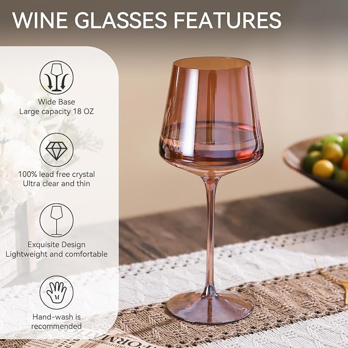 Brown Wine Glasses Set of 6,18oz Dark Amber Wine Glassware Gift Set for Party Brown Hand Blown Glass Drinkware for Red White Wine gifts set for wine lovers