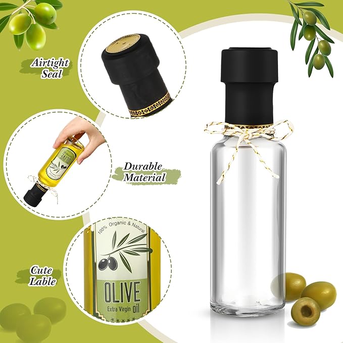 Reallnaive 20 Pcs 4 oz Mini Glass Olive Oil Bottles Empty Sauce Condiment Bottles with Dropper Inserts and Sticker Seals Caps for Gifts Kitchen (Circle,Clear)