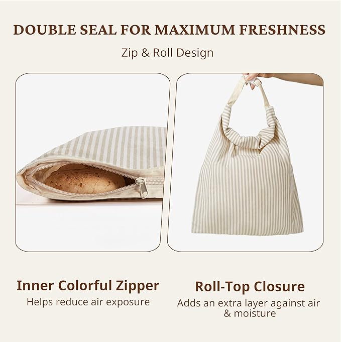 BRONYPRO Beeswax Bread Bags for Homemade Bread Sourdough, 2 Pack Reusable Sourdough Bread Bags with Zipper, Organic Beeswax & Linen Bread Storage, Eco-friendly & Long-latsing,Large 17x12.6in,Beige