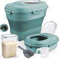 Komzon Rice Storage Bin Cereal Containers, 13-50lb Collapsible Rice Container Dispenser with Transparent Lid, Rolling Wheels, Measuring Cup and Scoop, Airtight Dog Cat Pet Food Storage Container Green