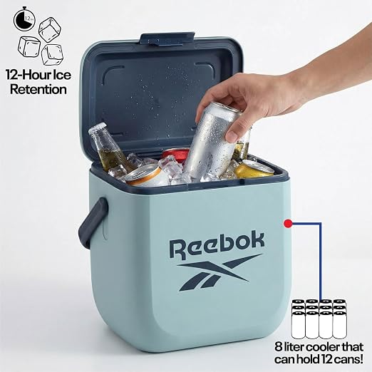 Reebok 8L Hard Cooler,Officially Licensed Portable Cooler Ice Chest with Handle, Holds 12 Cans, 12-Hour Ice Retention,Light Blue