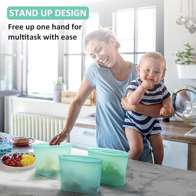 Bundle of 4 Pack 100% Silicone Reusable Food Storage Bags 33.8oz Aqua + 4 Pack 100% Silicone Reusable Food Storage Bags 16oz Aqua
