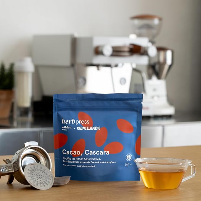 Bristot x Wilden Herbals Herbpress Cacao, Cascara Herbal Infusion – Organic Botanical Drink with Natural Cacao Notes – Softpack of 20 Square Filters