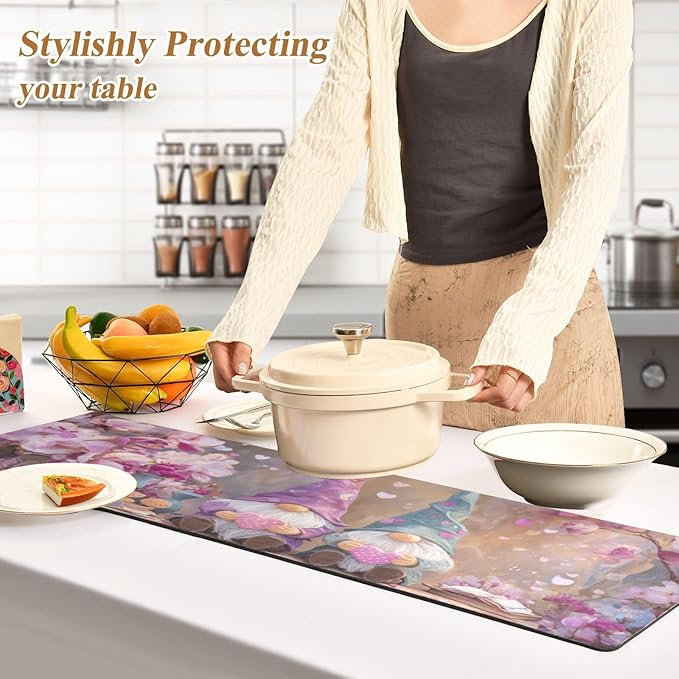 2 in 1 Table Runner Trivet for Hot Pots and Pans Heat Resistant Non Slip Waterproof 39 x 12 Inch Decorative Table Protector for Kitchen Countertop Valentines Gnomes Hearts Flowers Purple