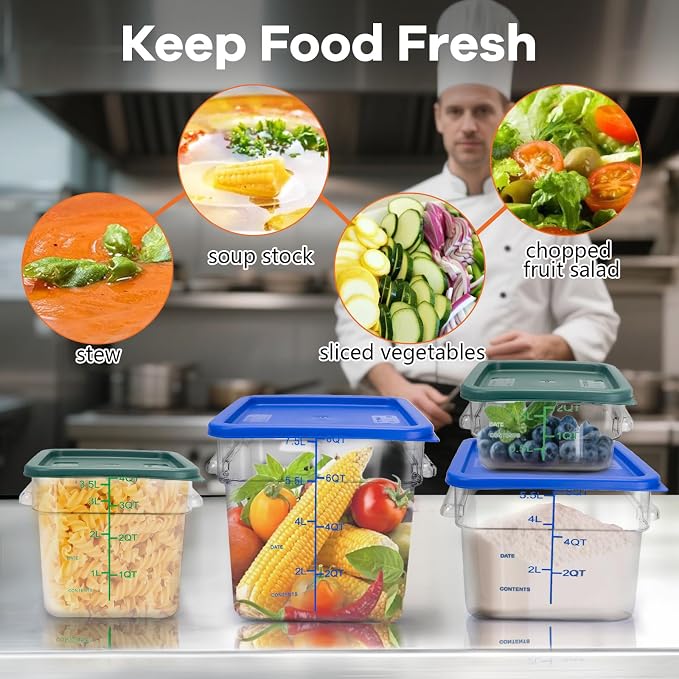 4 Pack Food Storage Containers with Blue Lids, 6.0 Qt - Square, Clear, Polycarbonate, for Restaurant Commercial Kitchen and Home party