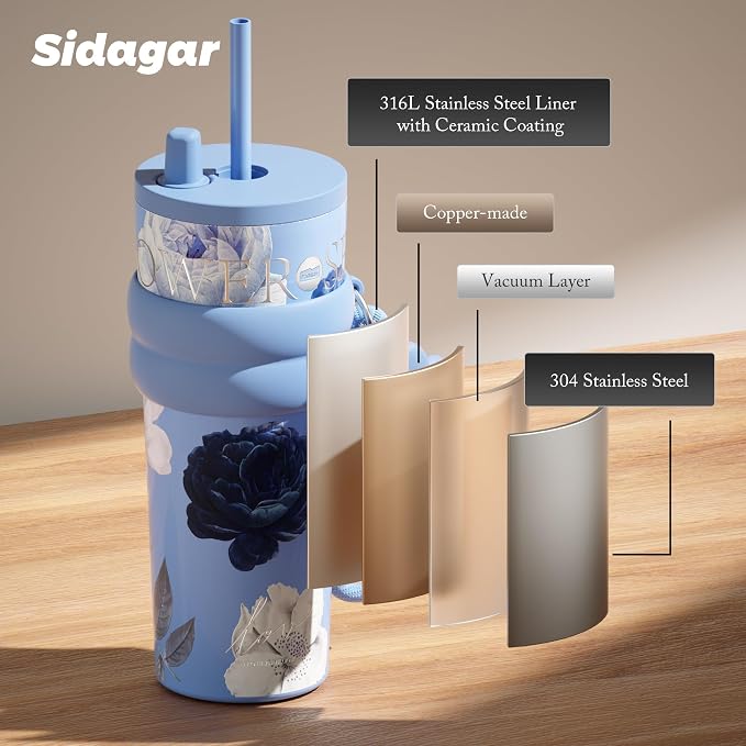24 oz Stainless Steel Tumbler with Lid and Straw, Insulated Coffee Mug, Leak Proof, Portable Iced Travel Water Bottle, Reusable Thermal Coffee Cup, Floral Blue
