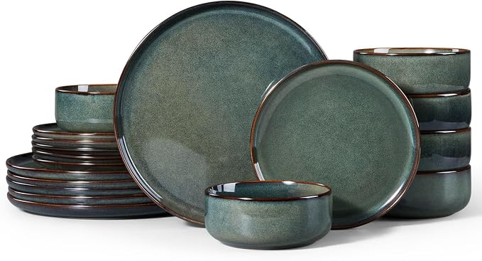 Herogo 18 Pieces Stoneware Dinnerware Set Service for 6, Dinner Plates and Bowls Sets, Double Reactive Glaze Dishes Set for Kitchen, Scratch Resistant, Microwave & Dishwasher Safe, Moss Green