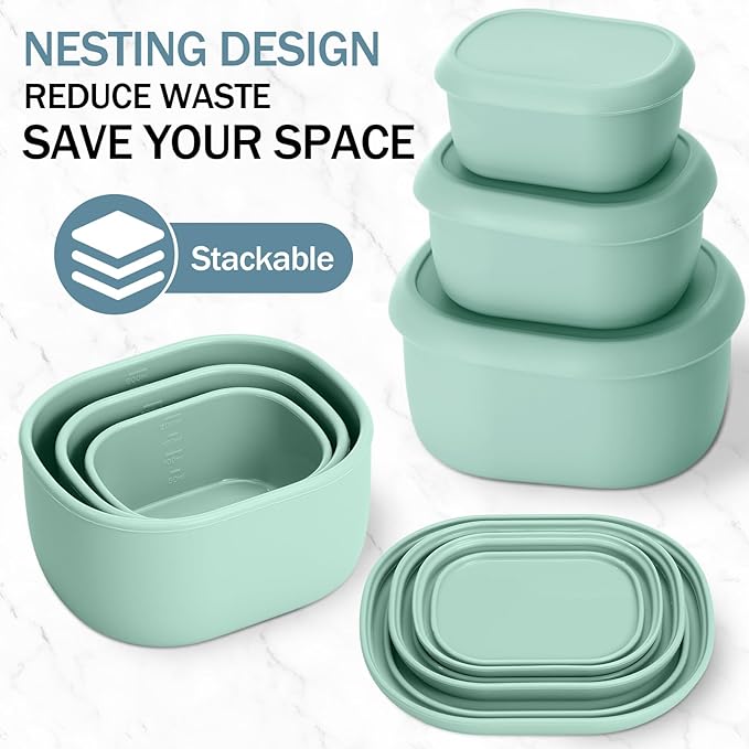 Blushtier 12 Pcs Silicone Food Storage Containers with Lids Reusable Silicone Snack Container 3 Size Silicone Lunch Box Bento with Lids Freezer Dishwasher Safe,6.7oz, 10oz, 20oz(Mo Landi Color)