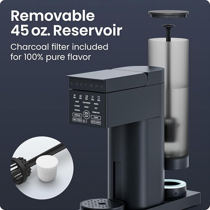 Chefman Caffeinator Single Serve Coffee Maker, Brew Kcups & Grounds, Drip Coffee Machine with Brew Strength Settings, Iced Coffee Function, 45 oz. Removable Water Reservoir