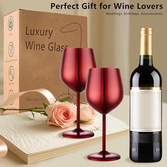 UNISWEET Stainless Steel Wine Glasses Set of 4 Unbreakable Wine Glass 18 oz Unique Metal Wine Goblets for Outdoor, Travel, Camping, Pool, Ideal Gift for Wine Lovers (Mirror-Red)