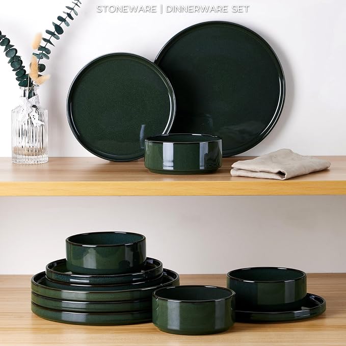 Onader Stoneware Dinnerware Sets for 4, Reactive Glaze Plates and Bowls Sets, Ceramic Dish Dinner Set with Rustic Terracotta Bottom, 12 Piece Elegant Dishware - Emerald Green