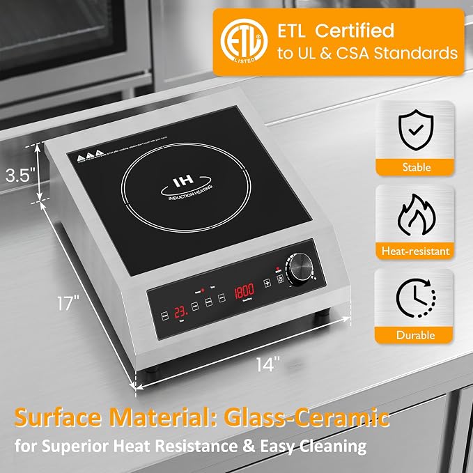 Sunvivi 1800W Induction Cooktop, Commercial-Grade Electric Countertop Burner with Timer, Induction Hot Plate with LED Screen, 10 Power(300W-1800W), 10 Temp Setting(140°F-536°F), Black