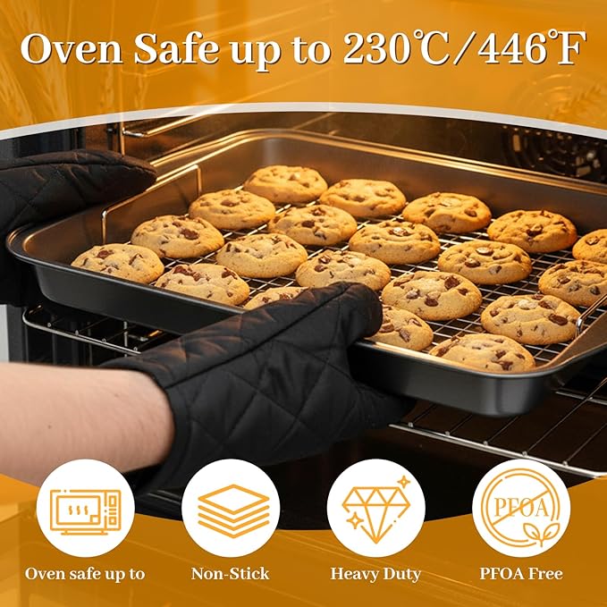 6PCS Deep Baking Pan Set - 17.5 x 9.4 Inch Baking Pans with Cooling Racks & Oven Mitts, Heavy Duty Roasting Pan with Wide Handles, Nonstick Oven Pan for Brownies, Biscuits, and Cake, Black