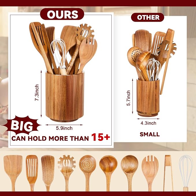 SiliFine 11 Pcs Wooden Kitchen Utensils Set with 360° Straight Rotating Holder Acacia Wood Cooking Utensils with Cooking Spoons Spatulas Nonstick Cookware Countertop Kitchen Decorations(Natural)