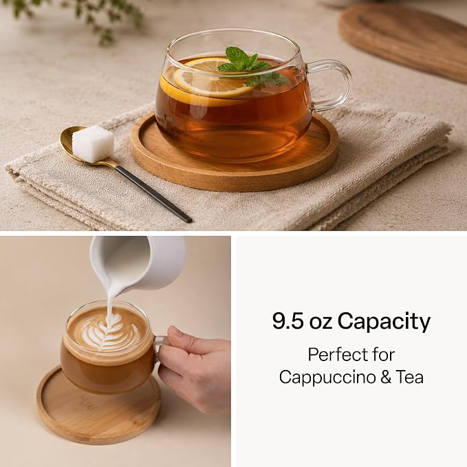 MIAMIO - 4x Glass Coffee/Tea Cups with Saucer (9.5 oz), Cappuccino Mugs/Tea Cup/Glass Mug for Coffee, Tea, Matcha, Latte, Coffee Cup with Saucer in a Set of 4 - Olea (Transparent)