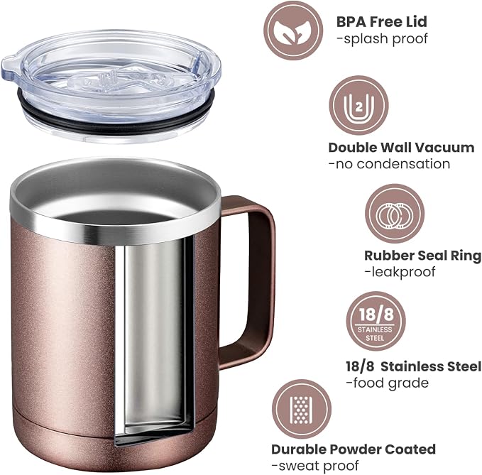 MEWAY 12oz Coffee Mug With Handle 4 Pack Bulk,Stainless Steel Insulated Travel Tumblers With Sliding Lid,Double Wall Vacuum Camping Cup for Hot & Cold Drinks Tea (Rose Gold,Set of 4)