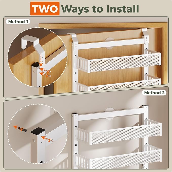 POKIPO 8-Tier Over the Door Pantry Organizer, 2 IN 1 Wall Mount or Hanging Spice Rack with Adjustable Raised Basket, Heavy Duty Back of Door Storage for Kitchen Bathroom Laundry Room